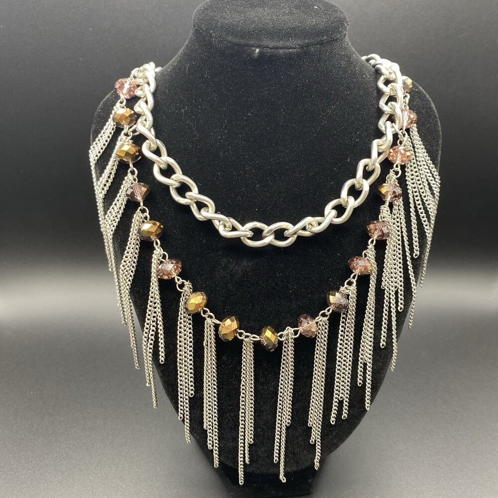 Silver-Tone Layered Chain Necklace Beaded Tassel 20" Biker Rock Steam Punk Jewel